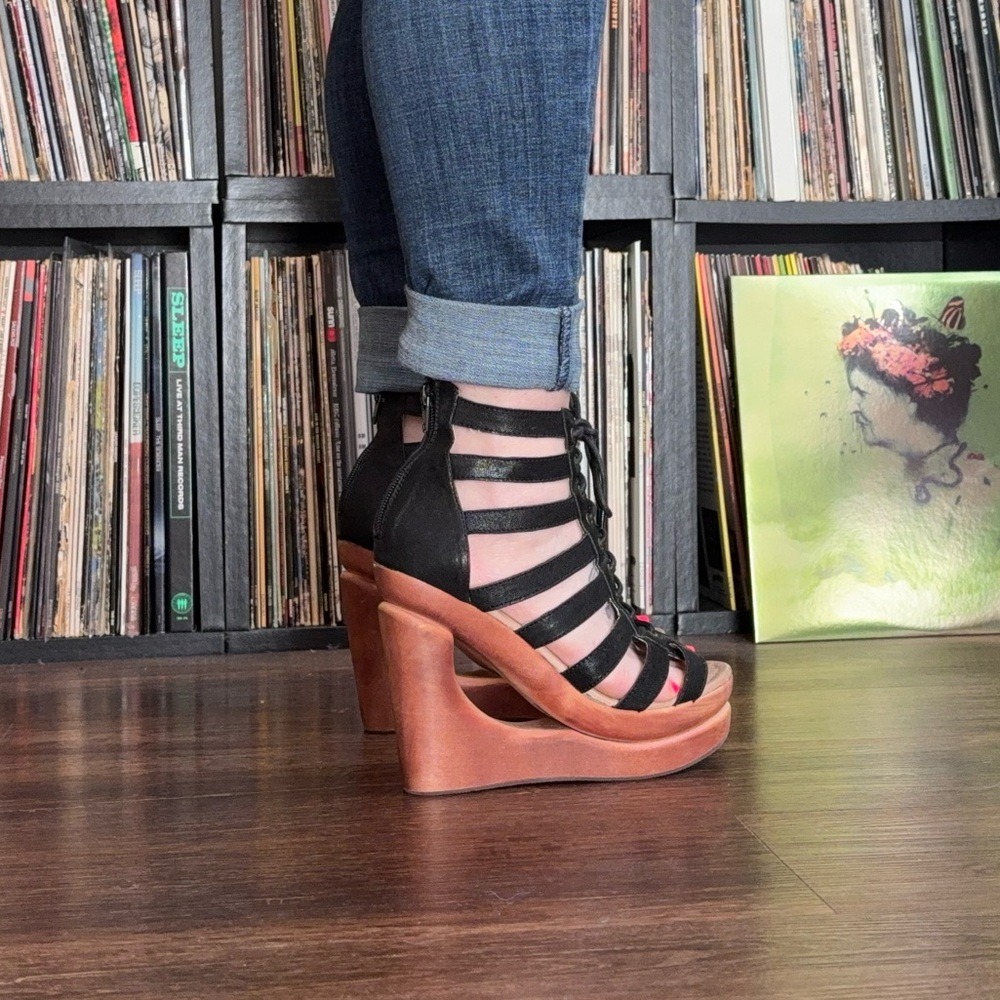 Lachey Woodies Black Lace-Up Peep Toe Wood Sole Booties